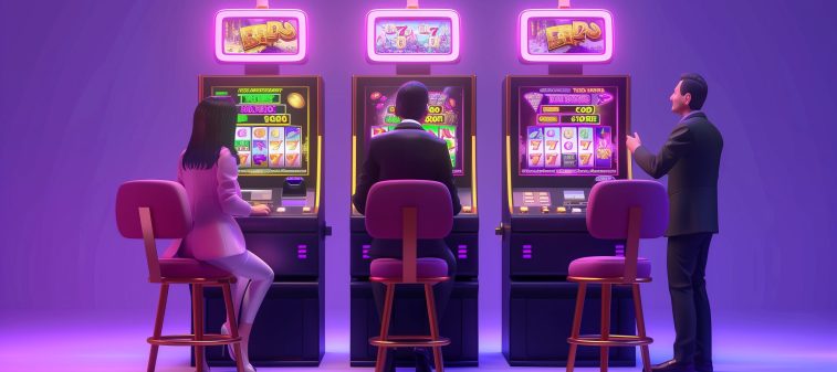 three people formal suit are playing slot machines in an open space casino, in the style of 3D cartoon character design, 3d icon clay render, casino background, minimalism, 8K --ar 16:9 Job ID: 811a27aa-a211-46d2-b6a7-1af214e438c9